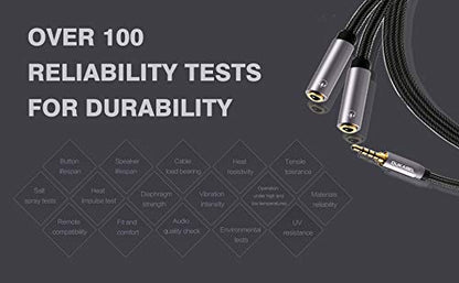 DUKABEL Long Headphone Splitter (4ft / 1.2m) Shielded 4-Pole TRRS 3.5 Y Splitter Cable 2-Way Female to Male Headphone Adapter Stereo Audio/Crystal-Nylon Braided / 24K Gold Plated / 99.99% 4N OFC - size: 48inch / 120cm