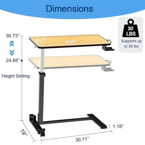 Adjustable Overbed Table with Cup Holder & Hidden Lockable Wheels | Height Adjustable Rolling Bedside Table, Teak Finish, Mobile Laptop Desk, Standing Workstation for Home Use, 30.3"W x 15.3"D - color: Teak