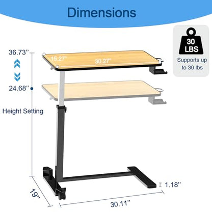 Adjustable Overbed Table with Cup Holder & Hidden Lockable Wheels | Height Adjustable Rolling Bedside Table, Teak Finish, Mobile Laptop Desk, Standing Workstation for Home Use, 30.3"W x 15.3"D - color: Teak