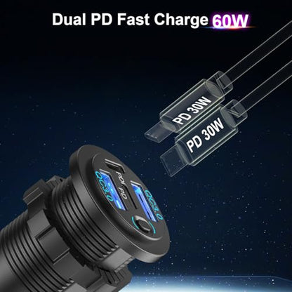 4 Port 12V USB Outlet Marine Switch Panel 12 Volt Plug, Dual PD30W and Dual QC18W USB Ports Car Charger with Switch, Waterproof 150W Cigarette Lighter Socket 2 in 1 DIY Kit for Car Marine Boat RV ATV