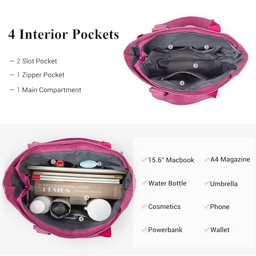 VOLGANIK ROCK Canvas Tote Bag Waterproof Nylon Multi Pocket Shoulder Bags Laptop Work Bag Teacher Purse Handbag for Women Men - color: Pink 2