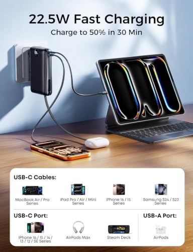 Portable Charger Power Bank 50000mAh Massive Capacity, Built-in Wall Plug USB-C & iOS Cables, 22.5W Fast Charging Battery Pack with LED Display, Travel Essential for Camping, iPhone, Samsung Black