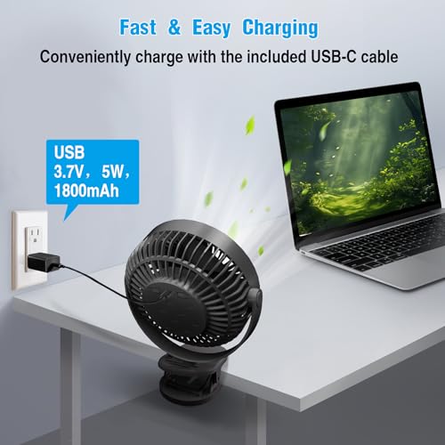 Clip on Fan Rechargeable, 8-Inch Battery Operated Desk Fan, USB Fan,5 Speeds, Strong Airflow, Sturdy Clamp for Golf Cart Office Desk Outdoor Travel Camping Tent Gym Treadmill,Black - color: Black