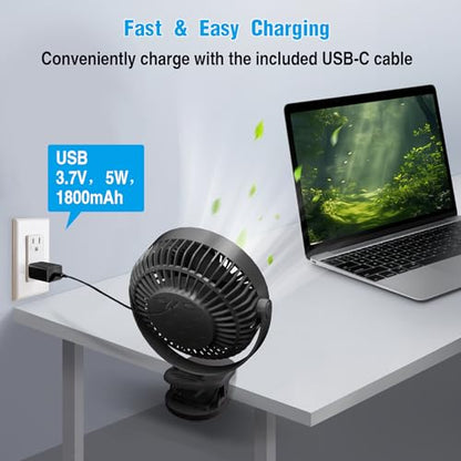 Clip on Fan Rechargeable, 8-Inch Battery Operated Desk Fan, USB Fan,5 Speeds, Strong Airflow, Sturdy Clamp for Golf Cart Office Desk Outdoor Travel Camping Tent Gym Treadmill,Black - color: Black