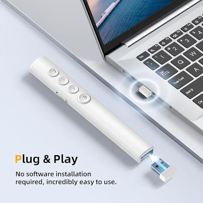 Wireless Presentation Clicker for Powerpoint Slideshow, Office/Classroom PPT Remote Presenter Pointer Slide Advancer with USB Receiver for Computer/MacBook Laptop/PC White Red Light - color: White