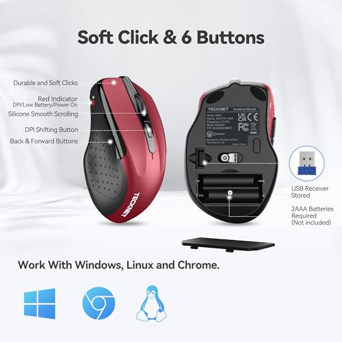 TECKNET Wireless Mouse, 2.4G Ergonomic Computer Mouse, 2600 DPI, Red | Ergonomic Design with Side Grips, Adjustable DPI, 2-Year Battery, Compact Size, USB-A Plug & Play, Wide OS Compatibility - color: Red