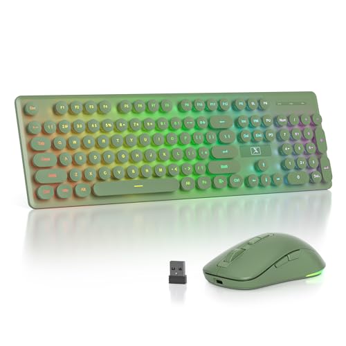 Backlit Wireless Keyboard and Mouse, 2.4GHz Light Up Typewriter Rechargeable Cordless Quiet Keyboard with USB Receiver for PC/Laptop(Dark Green) - color: Dark Green
