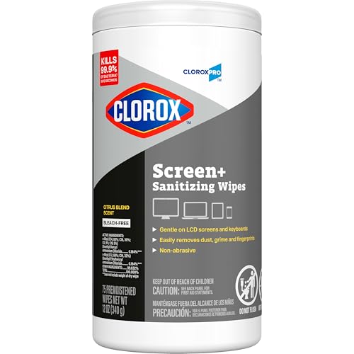 CloroxPro Clorox Screen+ Sanitizing Wipes, Disinfecting Wipes for Electronics, Gentle on Phones, Tablets, LCD Screens, Laptops and Sensitive Surfaces, Citrus Blend Scent, 1 Canister, 75 Wipes - size: 75 Count (Pack of 1)