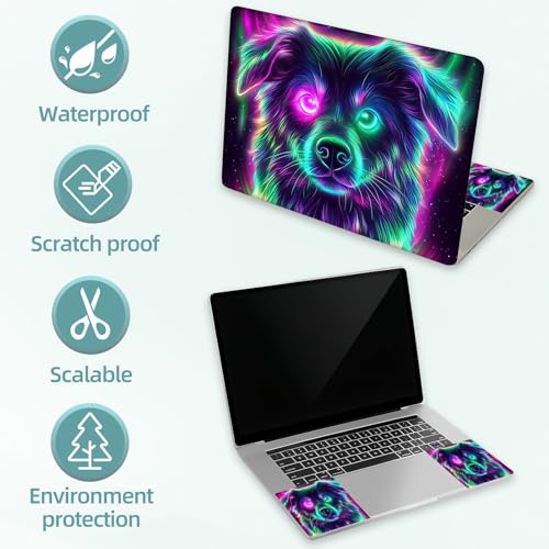 Universal Laptop Skin Decal, 3-Piece Vinyl Protector for 12 13 14 15.6" Notebook, Waterproof Anti-Scratch, Easy Trim & Bubble-Free Finish, Cute Dog with Glowing Neon Eyes - color: Cute Dog with Glowing Neon Eyes
