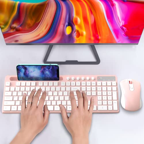 Wireless Keyboard and Mouse Combo, MARVO 2.4G Ergonomic Wireless Computer Keyboard with Phone Tablet Holder, Silent Mouse with 6 Button, Compatible with MacBook, Windows (Pink) - color: Pink