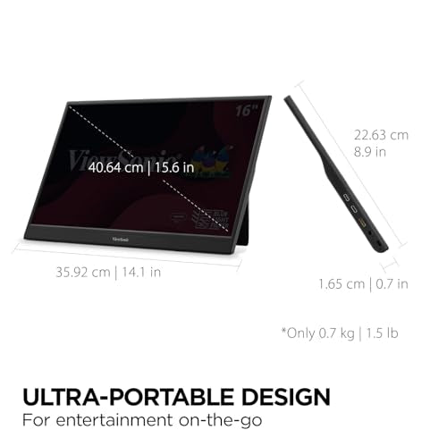 ViewSonic VA1653 16 Inch 1080p Portable Monitor, FHD IPS External Screen | USB C, Mini HDMI, Eye Care, Built In Stand, Protective Case, Mac, PC, Gaming Console, Anti Glare, Lightweight, Ready For Work - style: 1080p