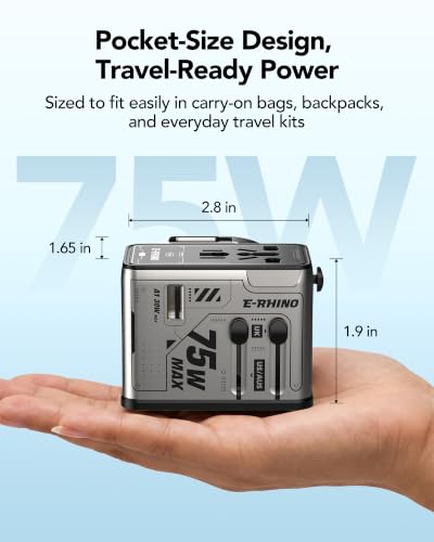 MFish 75W Universal Travel Adapter, 5-Port International Power Adapter with Retractable USB-C Cable, 3 USB-C & 1 USB-A + AC Outlet, Worldwide Wall Charger for MacBook, iPhone, iPad, EU/UK/US/AUS, Grey - color: Grey