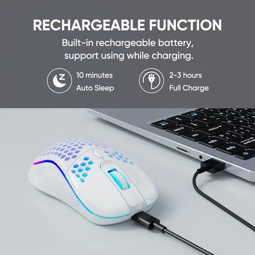 MELOGAGA Wireless Gaming Mouse RGB Rechargeable Lightweight Honeycomb White | 7-Color LED Light, 4 DPI Levels, USB-C Recharge & Stable 2.4G Wireless for PC Mac Laptop Desktop Computers - color: Wireless_White