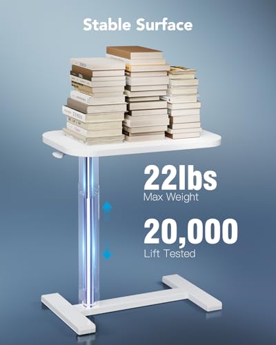 HUANUO 32Inch Bedside Table with Wheels, Height-Adjustable Rolling Computer Cart, Overbed Table with Cup Holder, Pneumatic Laptop Standing Desk for Home Office, White - color: White, size: Large-32 Inch