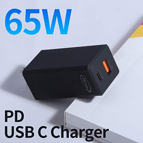 GaN Tech 65W Dual Port PD Wall Charger with 5ft USB C Cable for MacBook, Laptops, iPad Pro, iPhone12, Galaxy, Pixel and More (Black) - color: Black