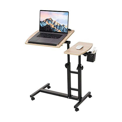 Adjustable Overbed Laptop Table Tilting Top with Mouse Pad, Height Adjustable Rolling Bedside Desk with Wheels for Home, Hospital, Sofa Use - Dark Blond Wood - color: Blond Wood