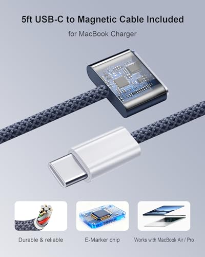 DERLULU 67W USB-C Charger for MacBook Air 13/15", GaN Fast Charging Adapter with Magnetic Cable 5ft (1.5m), 2C1A Compact for MacBook, iPad, iPhone