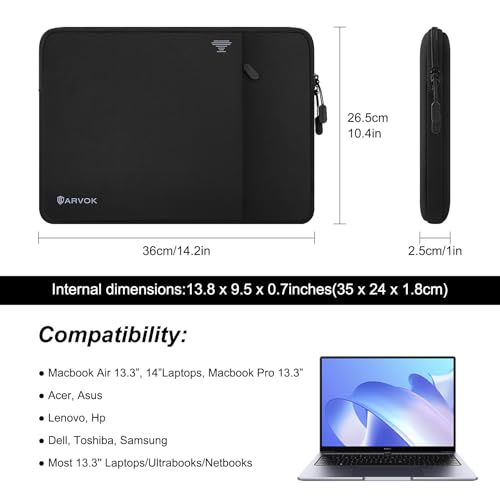 ARVOK 13 13.3 14 Inch Laptop Sleeve with Front Pocket, Shockproof 360 Protective Laptop Case Briefcase Handbag, Computer Carrying Bag Compatible with MacBook Air/Pro, Lenovo/HP/Dell/Asus/Acer, Black - size: 13.3inch