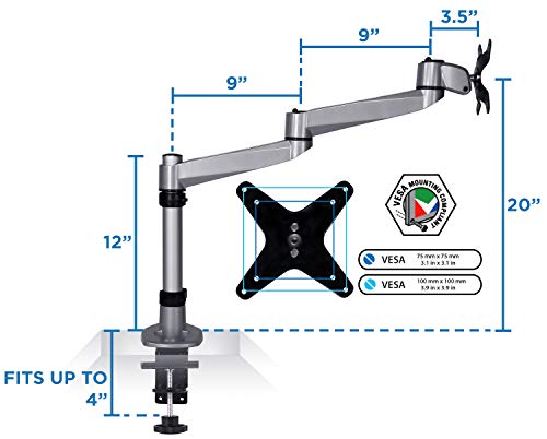 Mount-It! Premium Modular Monitor Desk Mount Arm Stand | Single Tilt Swivel Arm Fits 19 21.5 24 27 32 Inch Computer Screens with 75 100 VESA Patterns | C-Clamp and Grommet Bases | Silver