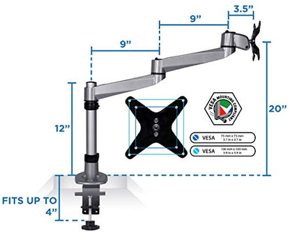 Mount-It! Premium Modular Monitor Desk Mount Arm Stand | Single Tilt Swivel Arm Fits 19 21.5 24 27 32 Inch Computer Screens with 75 100 VESA Patterns | C-Clamp and Grommet Bases | Silver