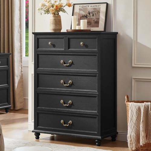 Joaxswe Farmhouse 6 Drawer Dresser for Bedroom, 42" Tall Rustic Chests of Drawers w/ 4 Solid Wood Feet, Mid Century Modern Wooden Closet Storage Dressers Organizer for Living Room, Hallway,Black - color: Black, size: 15.7"D x 31.5"W x 42.3"H (6 Drawers)