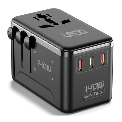 140W Max GaN Universal Travel Adapter, 3 USB C 1 USB A & 2500W AC Outlet, International Power Adapter for EU UK US AU 200+ Countries, Fast Charger Compatible with MacBook, iPhone, Laptop and More