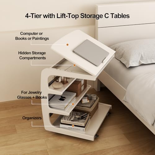 AQIMUELE Rolling Side Table, C Shaped End Table, C Table with 4 Wheels Solid Wood Small Rolling Desk with Adjustable Desktop,C Shaped End Table for Couch,Home Office(15.6" D x 23.6" W x 24.3" H) - color: White, size: 15.6"D x 23.6"W x 24.8"H, style: Moder