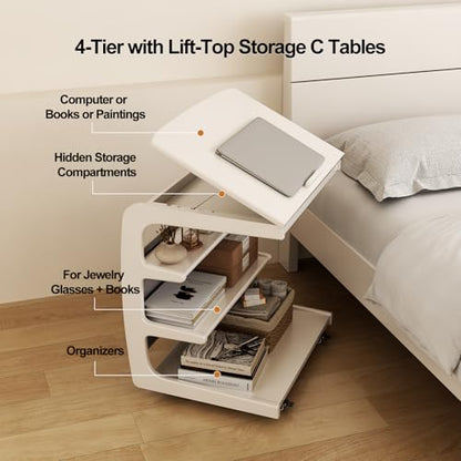 AQIMUELE Rolling Side Table, C Shaped End Table, C Table with 4 Wheels Solid Wood Small Rolling Desk with Adjustable Desktop,C Shaped End Table for Couch,Home Office(15.6" D x 23.6" W x 24.3" H) - color: White, size: 15.6"D x 23.6"W x 24.8"H, style: Moder