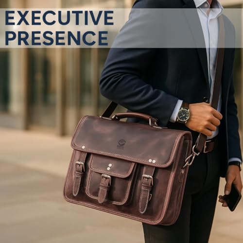 Leather Messenger Bag for Men - 16 Inch Laptop Briefcase, Office Satchel | Fits 16" Laptop & Documents, Top-handle, Removable Shoulder Strap, Brass Fittings, Luggage Sleeve, Organized Pockets - color: Mulberry