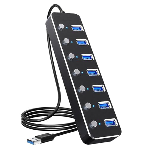 USB 3.0 Hub 7 Port USB Hub with 2ft Long Cable Aluminum USB Hub for Laptop and PC with Individual On/Off Switch and LED Indicator - color: Black