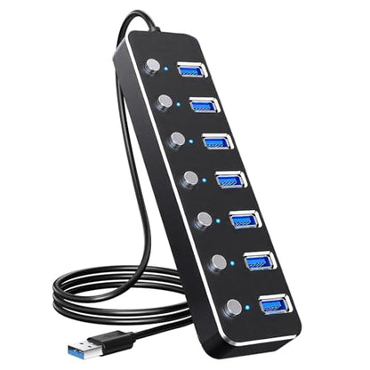 USB 3.0 Hub 7 Port USB Hub with 2ft Long Cable Aluminum USB Hub for Laptop and PC with Individual On/Off Switch and LED Indicator - color: Black