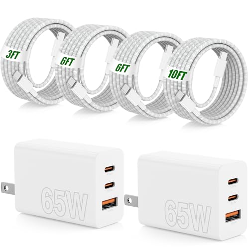 65W iPhone 17 16 15 Pro Max Charger Fast Charging,3 Port 100W PD Quick Charging 3.0 USB C Block & 3/6/6/10FT Braided USB C Cord for iPhone 15 16 17 Pro,for Samsung Galaxy S26 Ultra/MacBook Pro/Air - color: White, size: 10FT+6FT+6FT+3FT