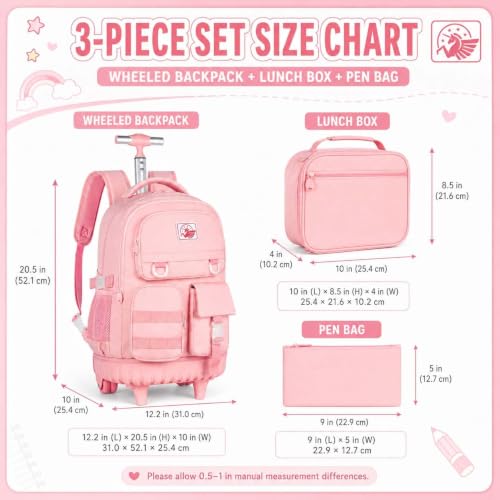 WZLVO Rolling Backpack for Girls Women, 21 inch Water Resistant Roller Wheels Backpacks, Wheeled Bookbag with Lunch Bag for Teen Elementary School Travel - Pink - color: Pink