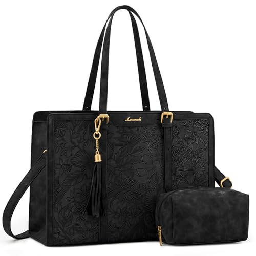 LOVEVOOK Laptop Bag for Women Vintage Leather Laptop Tote 15.6 inch Large Capacity Computer bag with Clutch Purse for Work - color: Black Embossed, size: 15.6 inch
