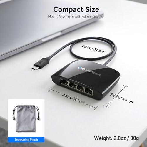 Cable Matters USB C to 4-Port Gigabit Ethernet Switch, TB5/TB4 Compatible | Network Sharing on the Move, Thunderbolt Ethernet Splitter, USB C Gigabit Switch