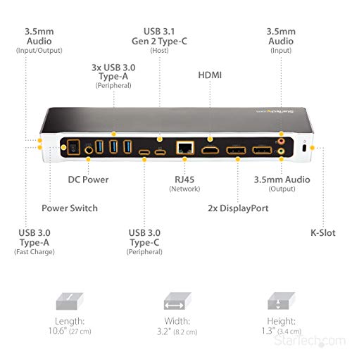 StarTech USB-C Triple 4K DisplayLink Dock, HDMI DP, Mac & Win, 100W, TAA | Universal, 5Gbps hub, Gigabit Ethernet, audio, K-slot, for Windows, macOS, Ubuntu and ChromeOS, 3.3ft (1m) host cable - size: 1.3" x 3.2" x 10.6" x 10.6", style: 100W Power Deliver