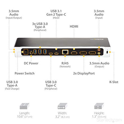 StarTech USB-C Triple 4K DisplayLink Dock, HDMI DP, Mac & Win, 100W, TAA | Universal, 5Gbps hub, Gigabit Ethernet, audio, K-slot, for Windows, macOS, Ubuntu and ChromeOS, 3.3ft (1m) host cable - size: 1.3" x 3.2" x 10.6" x 10.6", style: 100W Power Deliver