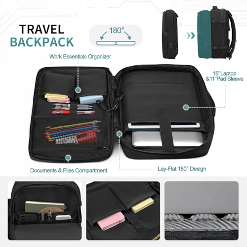 2-in-1 Travel Backpack for Men, Expandable 16" Laptop Backpack with Detachable Briefcase, Water-Resistant Carry-On Business Bag with USB-C, Black - color: Black