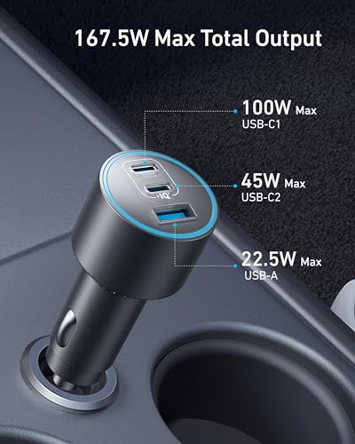 Anker 167.5W Max 3-Port Ultra-Compact USB C Fast Charging Car Charger | Fast Charging Adapter for MacBook Pro / Air, iPhone 17 / 16 / 15 Series, Samsung S25, iPad Pro, AirPods, and More