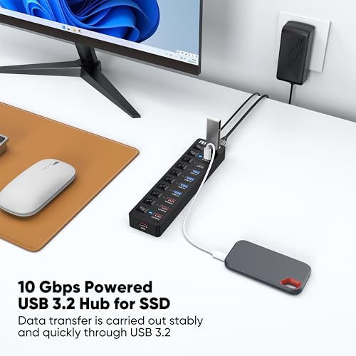 Powered USB C Hub 3.2 11-Port 48W, USB-C 3.2 (10Gbps)*2 + USB-A 3.2 (10Gbps)*1 + USB-A 3.0 (5Gbps)*4 + Power-only Port*4 with 12V/4A Power Adapter High Speed for Laptop PC Phone SSD HDD Flash Drive