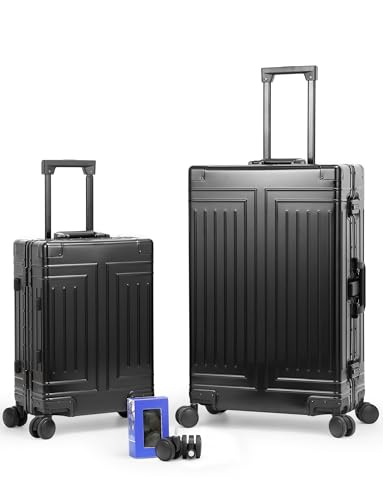 All Aluminum Magnesium 20/28 Luggage set ，Cut from Whole Aluminum Sheet，22x14x9 Airline Approved ，（3rd Generation，Premium Magnesium Metal zipperless suitcase ） (black, 20+28inch) - color: black, size: 20 inch + 28 inch
