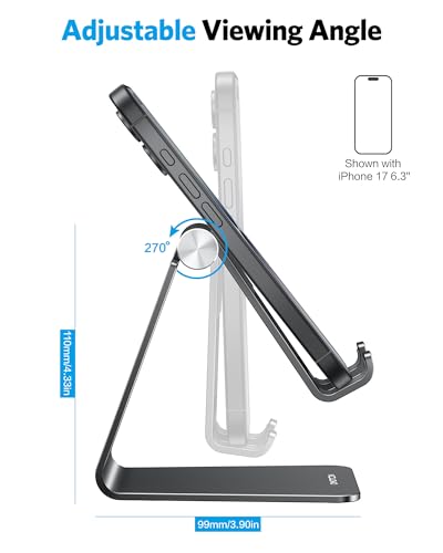 OMOTON C2 Adjustable Aluminum Cell Phone Stand with Charging Cutout, Black | Sturdy 3mm Aluminum, Charging Port, 270° Adjustable, Non-Slip Silicone Pads, Works with Thick Cases, for All Smartphones - color: Black