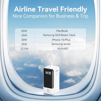Fast Charging Power Bank 18400mAh 65W Portable Laptop Charger, LCD Display, Travel Essential Battery Pack with Built-in USB-C & Lightning Cables for iPhone 16/15/14/13/12 MacBook Samsung - color: White
