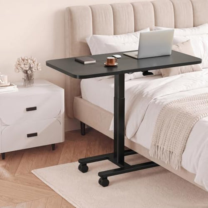 Homkdom C Shaped Table with Wheels, Side End Table with Extended Desktop, Adjustable Rolling Desk for Small Space, Dorm, Height Adjustment (29.5"-44"), Black - color: Black