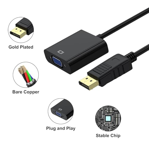 Meliya DisplayPort to VGA Adapter, Gold-Plated DisplayPort (DP) to VGA Adapter (Male to Female) Compatible with Computer, Desktop, Laptop, PC, Monitor, Projector, HDTV
