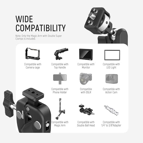 NEEWER Double Super Clamp Camera Mount with Magic Arm, NATO Interface, Cold Shoes, 1/4" Locating Holes for ARRI, Desk Studio Photography Light Stand Pole Cross Bar Umbrella Holder Clamp Mount, UA060 - style: UA060