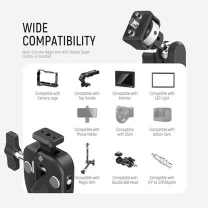 NEEWER Double Super Clamp Camera Mount with Magic Arm, NATO Interface, Cold Shoes, 1/4" Locating Holes for ARRI, Desk Studio Photography Light Stand Pole Cross Bar Umbrella Holder Clamp Mount, UA060 - style: UA060