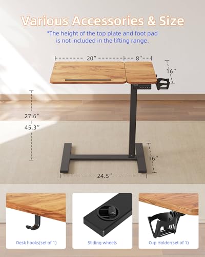 YIHAYO Adjustable Overbed Bedside Table with Wheels, 28 x 16 Inches Electric Mobile Standing Desk, Laptop Desk, Movable Overbed Tables Hospital Home Use, Rustic Brown - color: Black Frame/Rustic Brown Top, size: 28*16 Inch