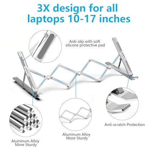 Laptop Stand for Desk, Adjustable 7-Level Aluminum Riser, Ergonomic Notebook Holder, Portable Foldable Laptop Stands Travel for 10-17” Laptops, MacBook, Notebook (Silver) - color: Silver