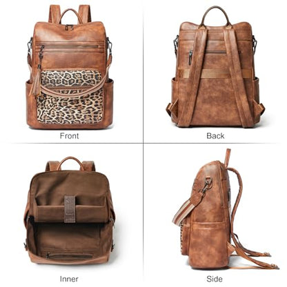 Shrrie 15.6 inch Laptop Backpack for Women,Large Leather Purse,Travel Backpacks Carry on,Water Resistant Casual Laptop Backpacks,College Backpack,Work Backpack for Women,Two-tone Camel Brown - color: Brown With Leopard